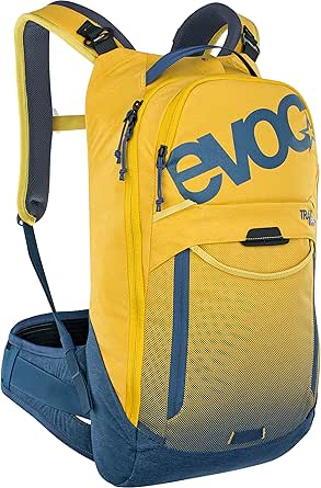 حقيبة ظهر واقية من EVOC TRAIL PRO 10 لتر لرحلات اليوم وركوب الدراجات (حامي ظهر LITESHIELD PLUS ، خفيفة الوزن للغاية ، زعانف واسعة الورك ، مساحة تخزين 3 لتر ، الحجم: S / M ، كاري / دينيم